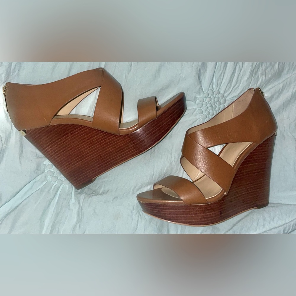 Michael Kors Camel Brown Leather Wedges Size 7.5